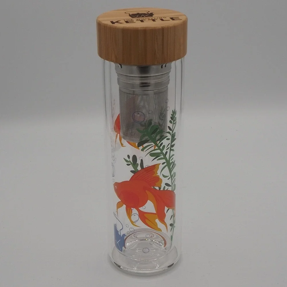 Whistling Kettle Tea Tumbler 16oz Double Wall Glass Tea Tumbler Infuser Koi Fish